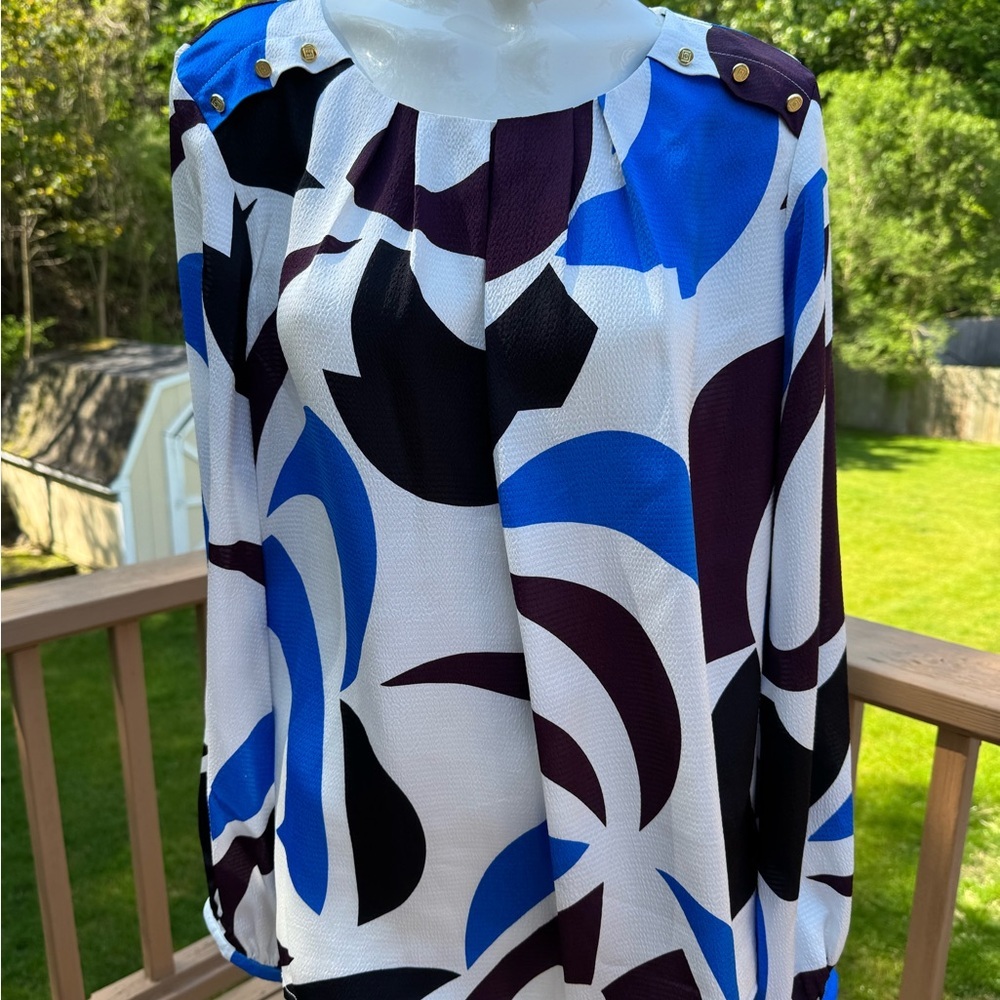 Liz Clairborne Women's Blue Black White Long Sleeve Blouse Sz Large lightweight - Picture 2 of 12